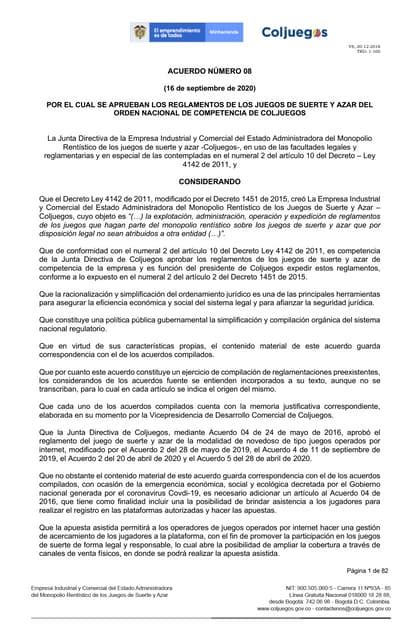 Acuerdo 08 de 2020 Unico de Reglamentos de Juegos.